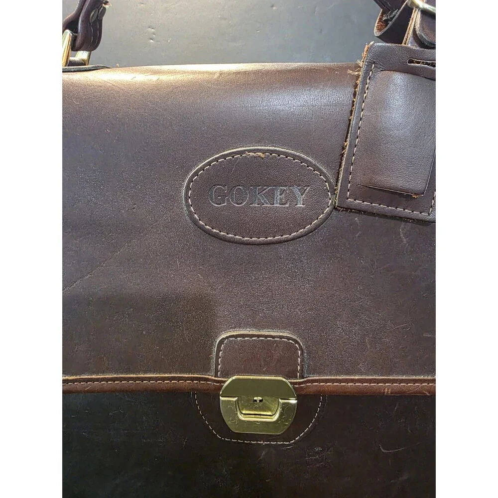 Vintage Gokey USA Brown Leather Flapover Briefcase Messenger Bag Luggage Tag